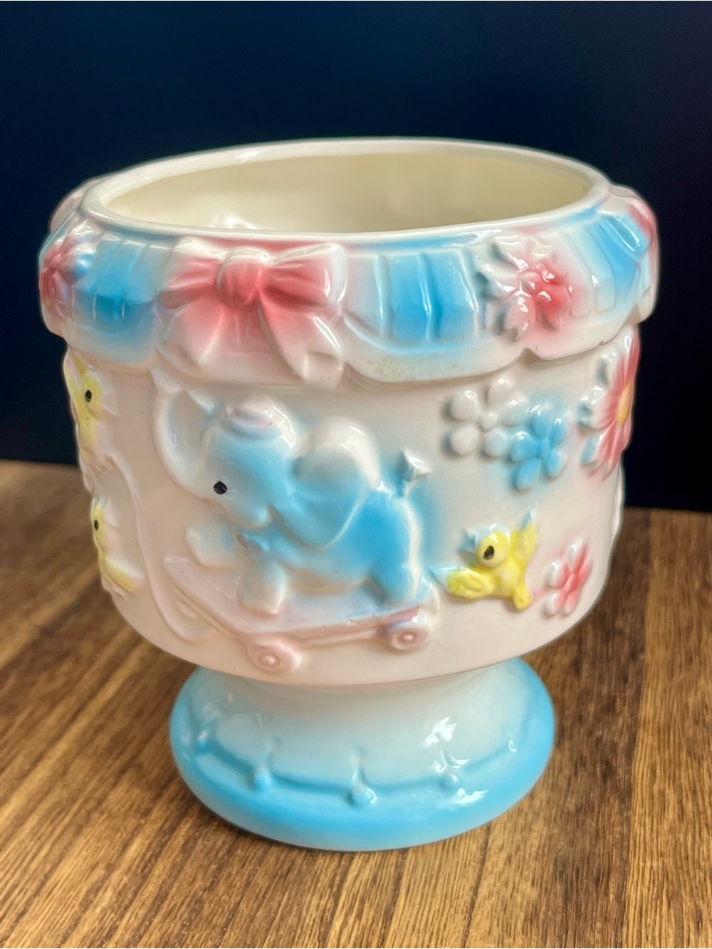 Vintage Relpo Ceramic Baby Shower Planter with Elephant and Bird Motif